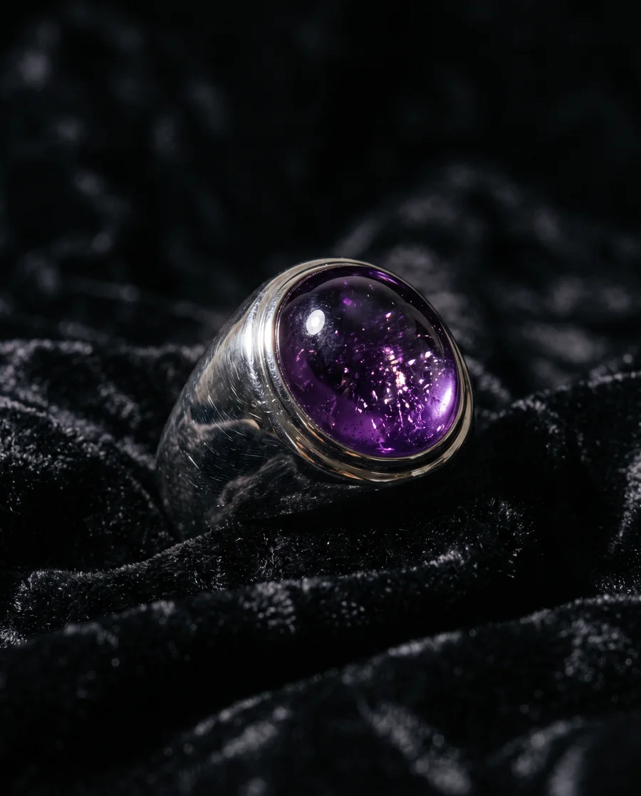 Platinum signet ring set with a violet amethyst cabochon on black velvet